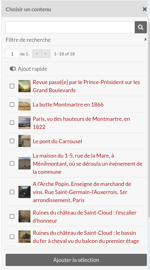 Tiroir de sélection de contenu avec l'ajout rapide activé - chaque contenu dans la vue a maintenant une case à cocher.