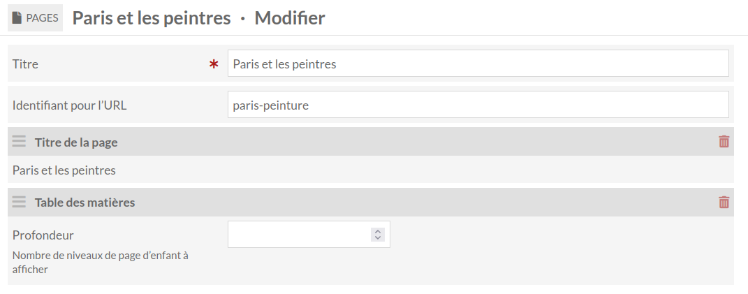 Bloc Table des matières avec l'option profondeur non définie