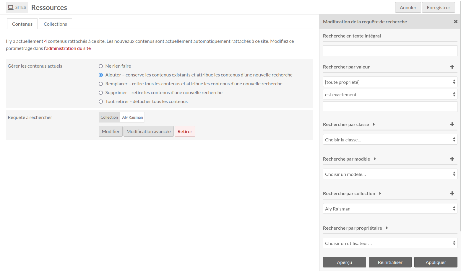 Contenus avec "ajouter" sélectionné et le formulaire de recherche chargé