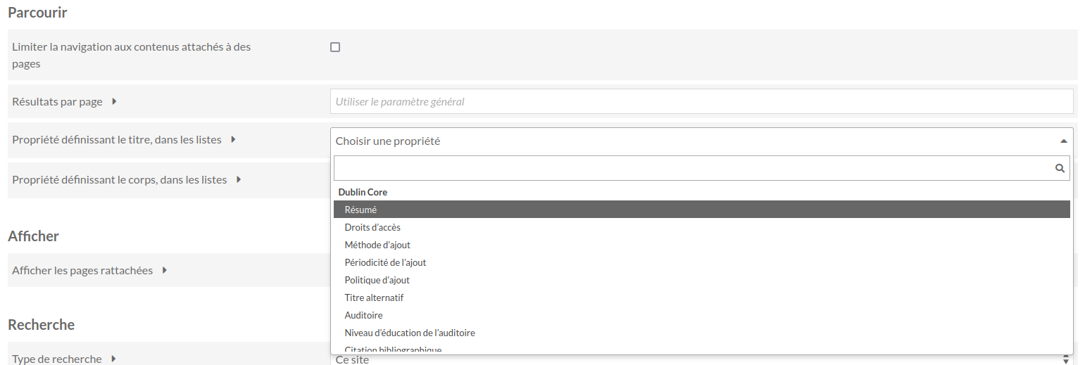 L'option de propriété pour le titre est ouverte. La sélection actuelle, Dublin Core: Title, est en haut. Immédiatement en dessous se trouve la barre de recherche, indiquée par un symbole de loupe. Sous celle-ci se trouvent certaines propriétés du vocabulaire « friend of a friend ».