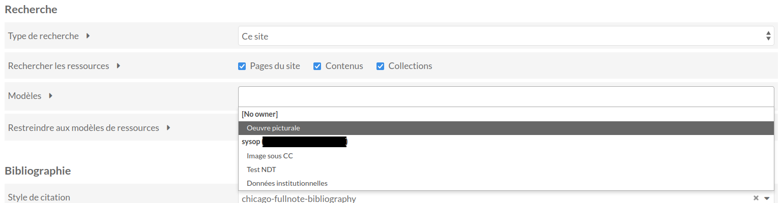 Detail view of a dropdown menu for the option 'Search by value". Values loaded include Creator:Author, Date: Date of Publication, and Description.