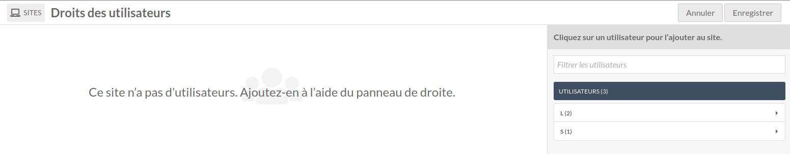 L'onglet permissions utilisateur avec aucun utilisateur ajouté et un répertoire alphabétique sur la droite