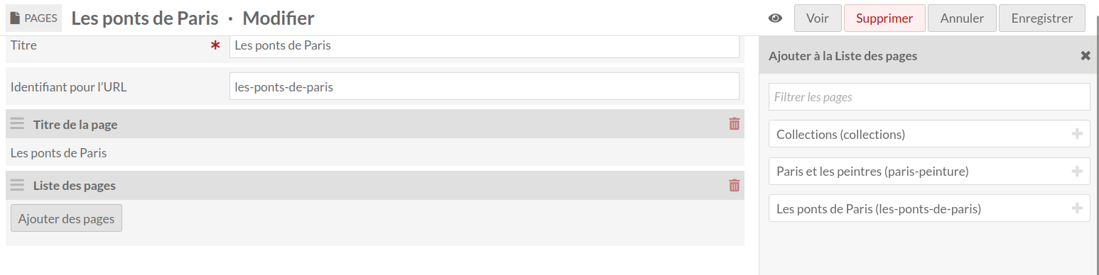 Une page en vue modification, avec un bloc Liste des pages ajouté