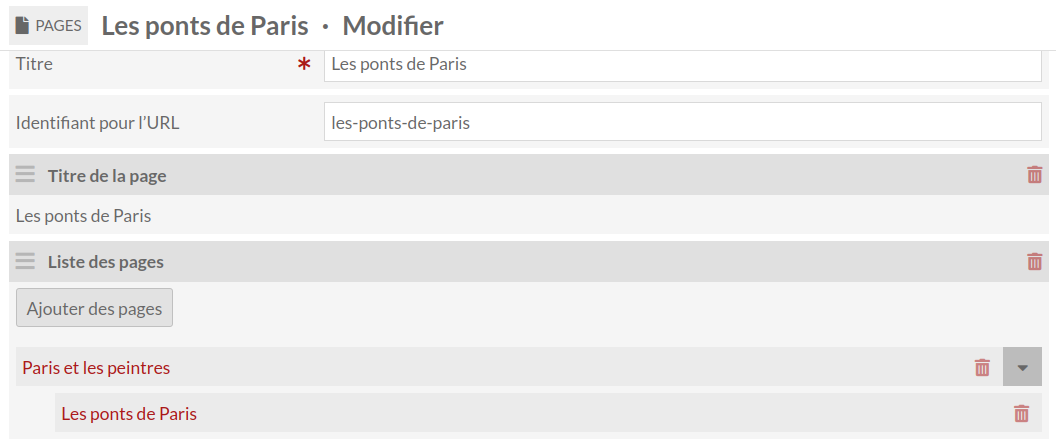 Bloc Liste de pages avec indentation