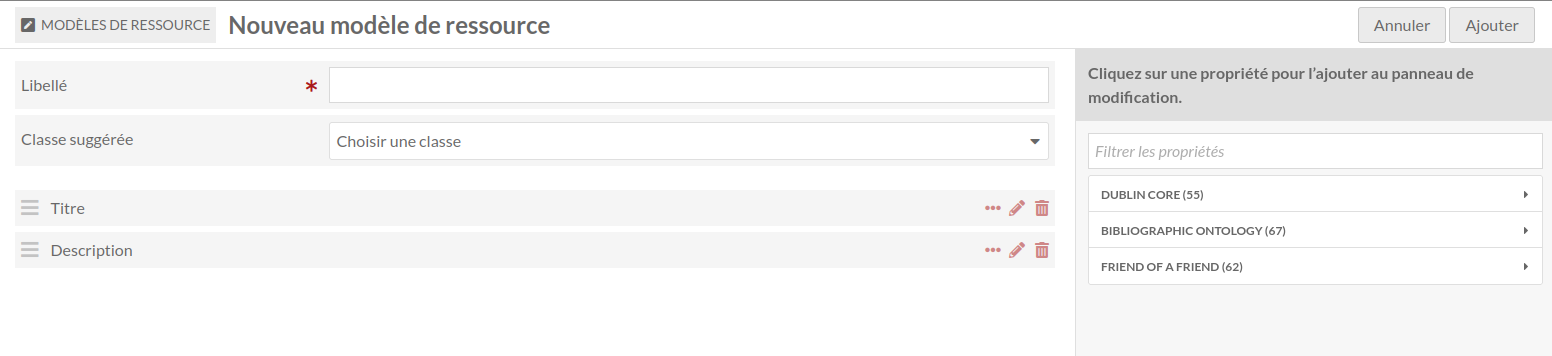 La page d'ajout d'un modèle de ressource avec les champs de libellé, de classe et les propriétés Titre et Description