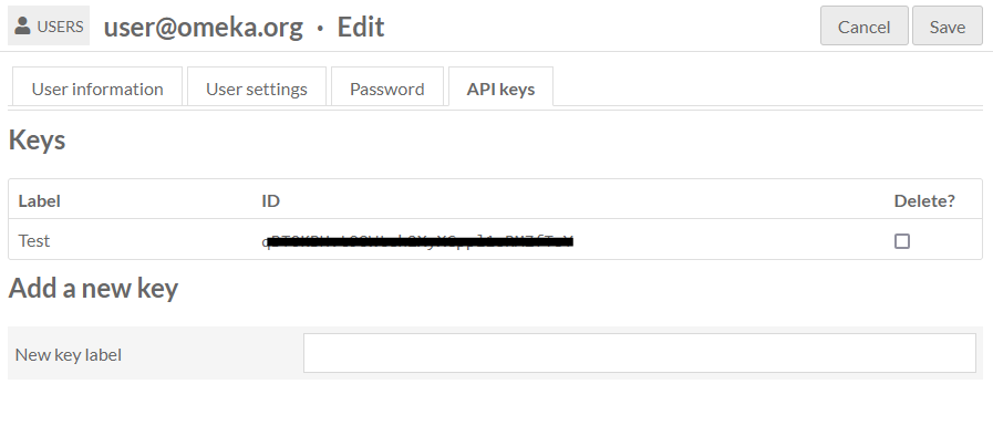 Onglet API pour l'utilisateur Omeka avec une clé API générée mais cachée et, en dessous, la possibilité de créer une nouvelle clé