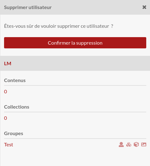 Confirmation de suppression pour l'utilisateur Megan2, indiquant le nombre de contenus et de collections que l'utilisateur a créé - dans le cas présent, zéro pour les deux.
