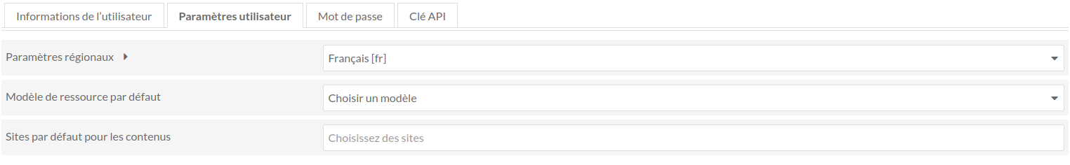 User settings with default options selected