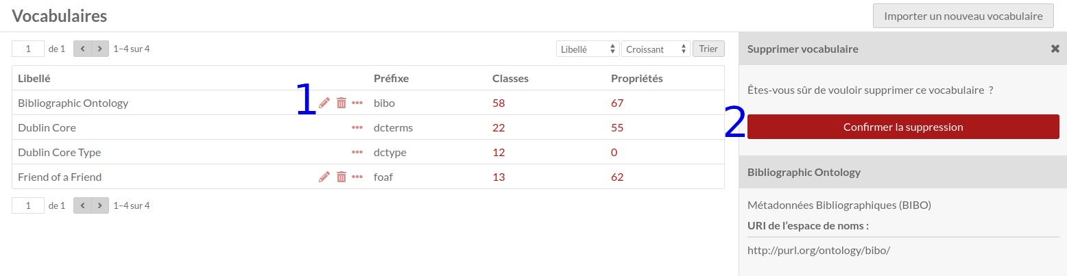 Une vue de la page de navigation des vocabulaires, avec un volet ouvert à droite demandant la confirmation de la suppression. Numéro 1 en bleu à côté de l'icône poubelle et numéro 2 en bleu à côté du bouton "Confirmer la suppression".